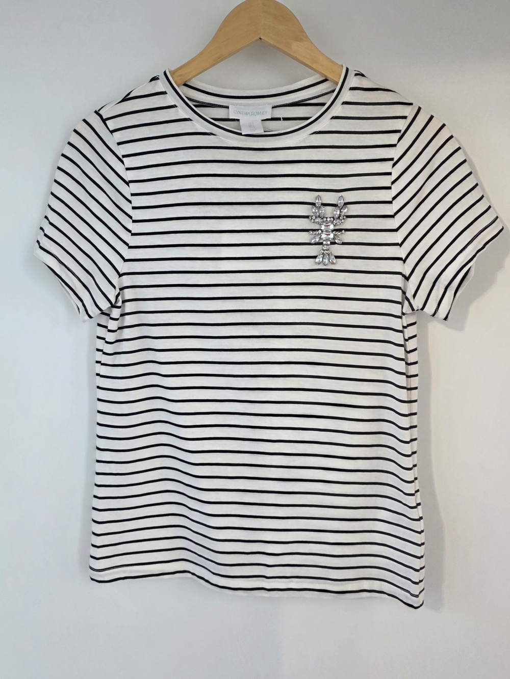 Cynthia Rowley Black & White Striped Crewneck Tee w/ Rhinestone Lobster Small